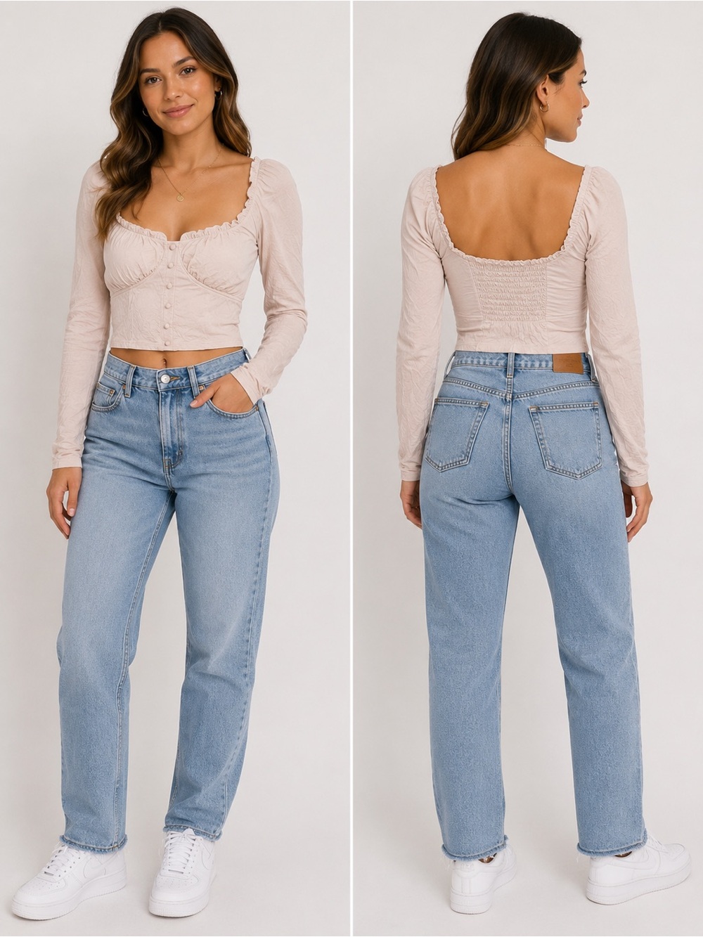 SHEIN Square Neck Long Sleeve Cropped Top in Light Blush
